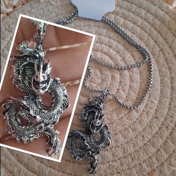Men's Stainless Steel Gothic Necklace - Dragon Pendant, NEW! - Picture 1 of 13